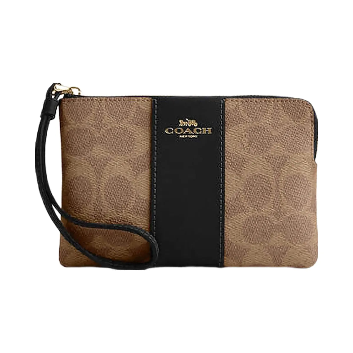 Coach Corner Zip Wristlet In Signature Canvas With Stripe Signature Canvas-Gold-Tan-Black