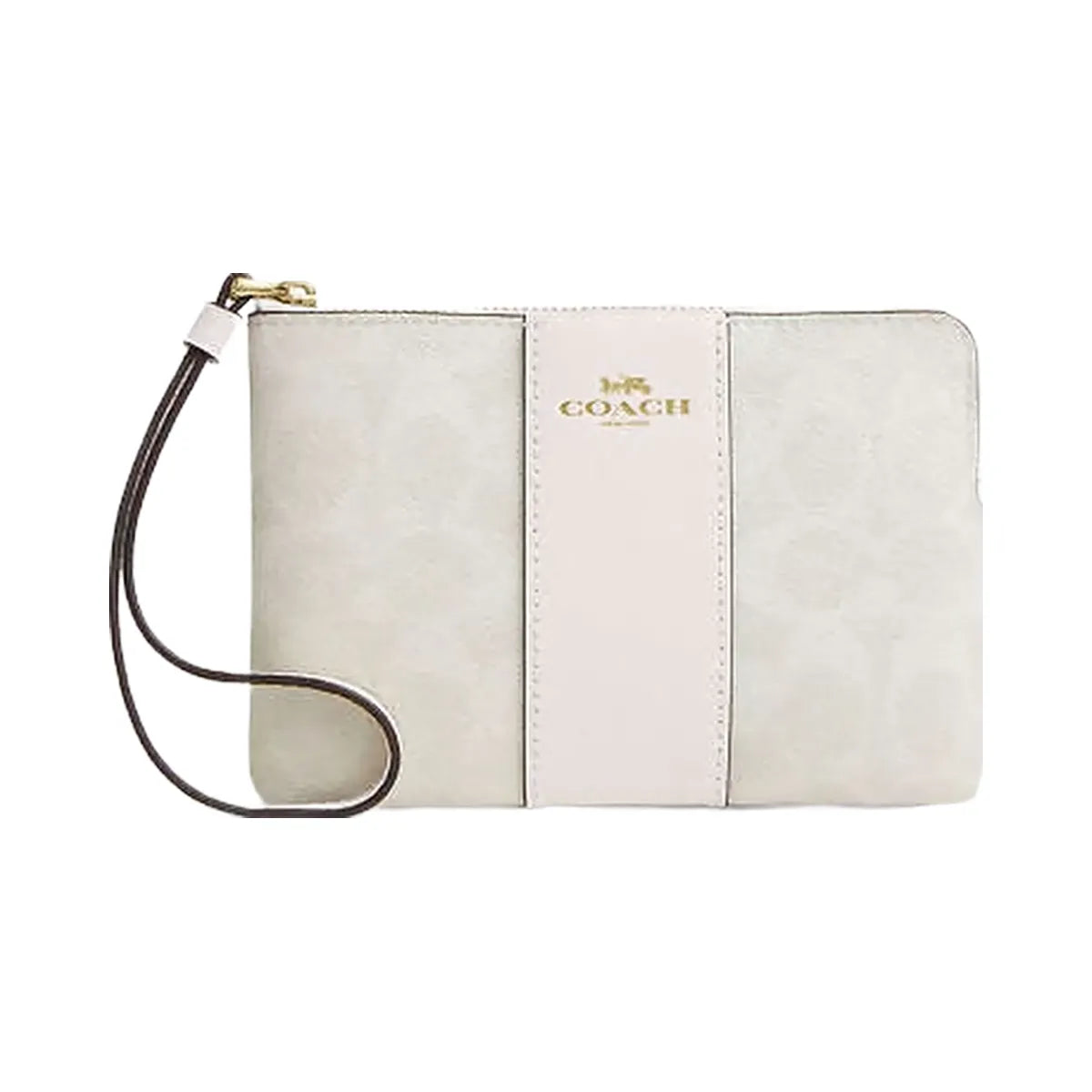 Coach Corner Zip Wristlet In Signature Canvas With Stripe Signature Canvas-Gold-White-Chalk