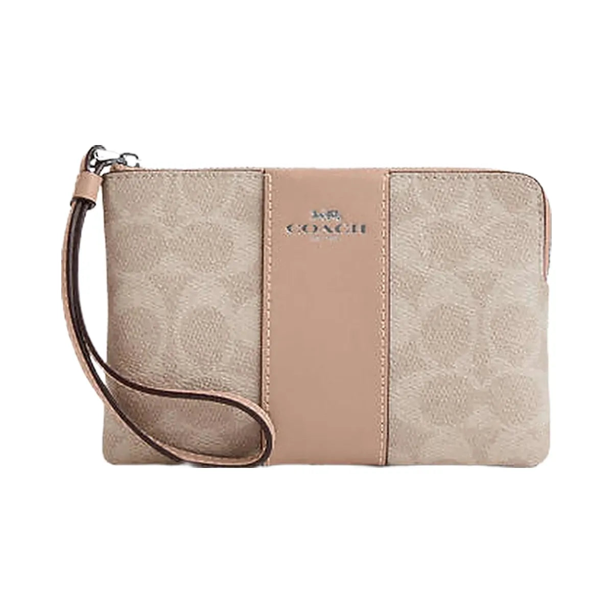 Coach Corner Zip Wristlet In Signature Canvas With Stripe Signature Canvas-Silver-Sand-Taupe