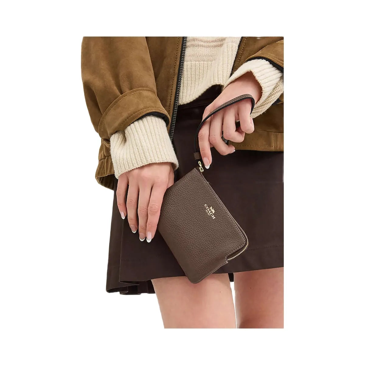 Coach Corner Zip Wristlet Pebbled Leather-Gold-Dark Stone