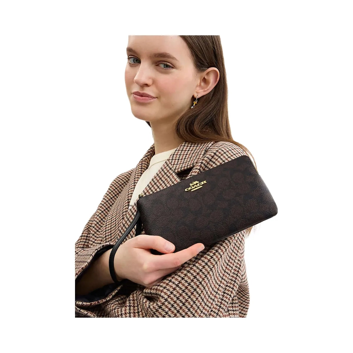 Coach Large Corner Zip Wristlet In Signature Canvas Signature Canvas-Gold-Walnut-Black