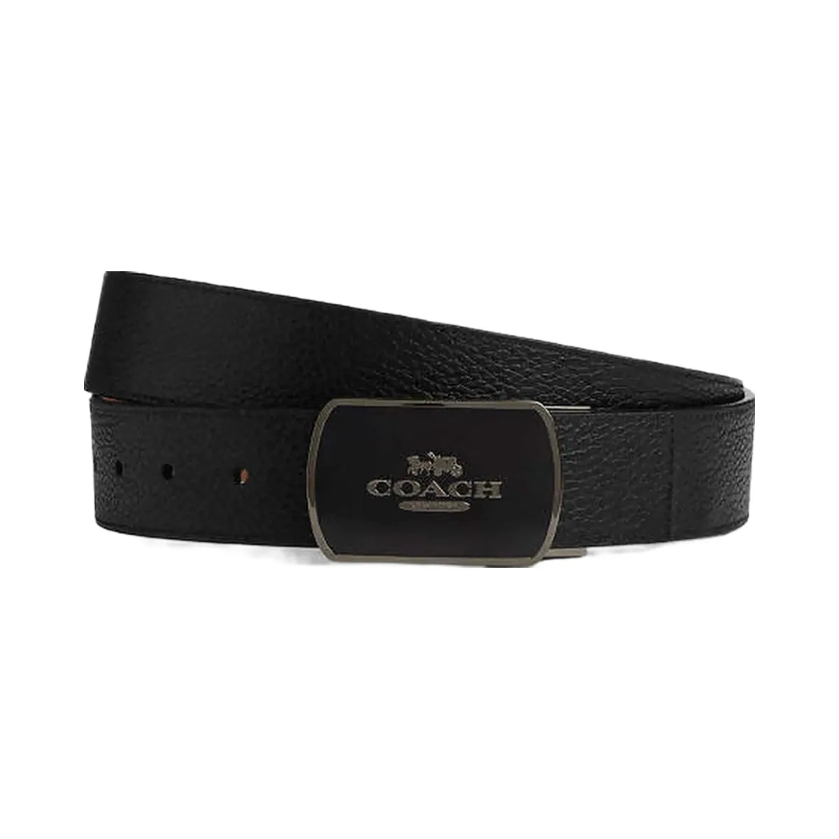 Coach Plaque Buckle Cut To Size Reversible Belt, 38 Mm Pebbled Leather-Gunmetal-Black-Dark Saddle