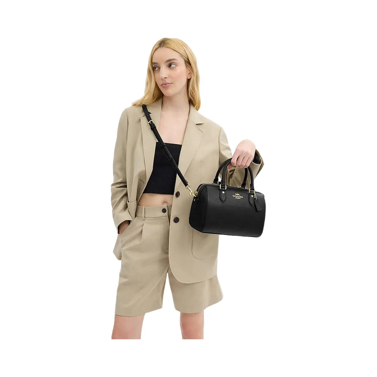 Coach Rowan Satchel Bag Crossgrain Leather-Gold-Black