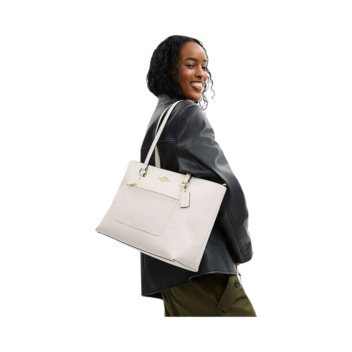 Coach Station Tote Bag Crossgrain Leather-Gold-Chalk