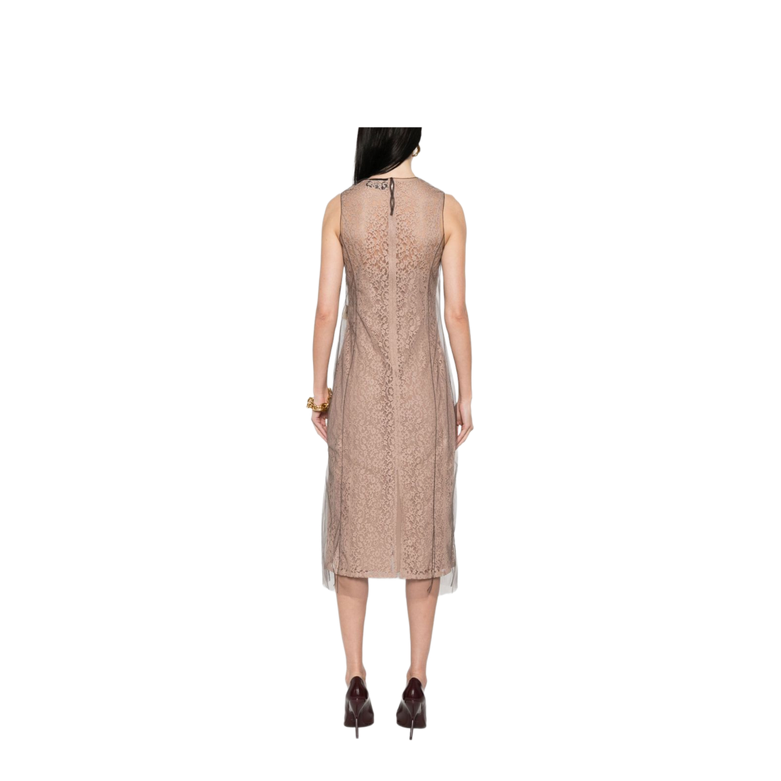 Concealed Rear Hook and Zip Fastening Internal Slip Dress with Tulle Overlay and Rear Slit