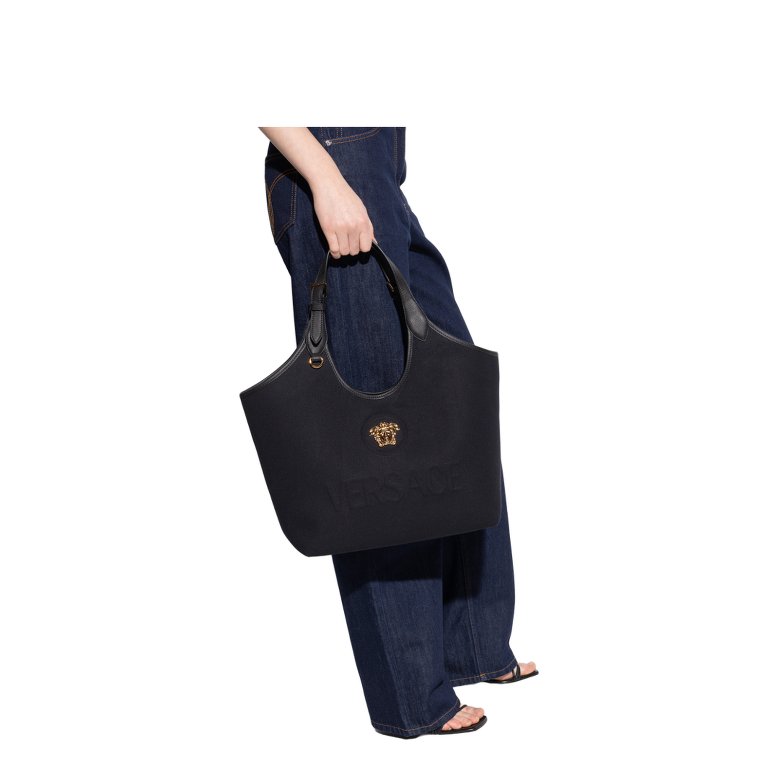 La Medusa Canvas Tote Bag Leather Black