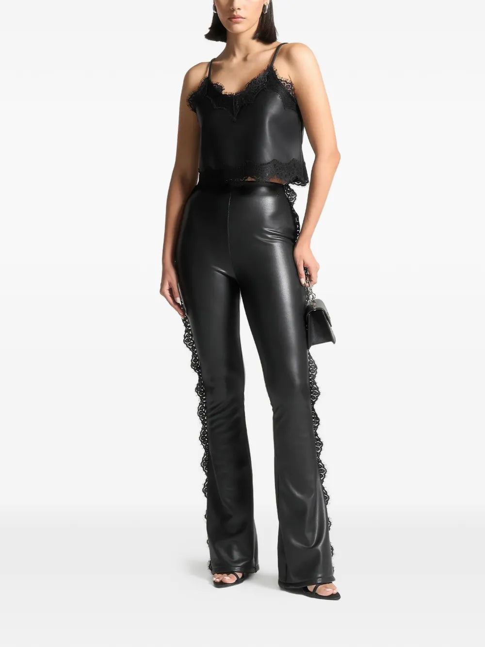 lace-trim faux-leather black flare leggings 