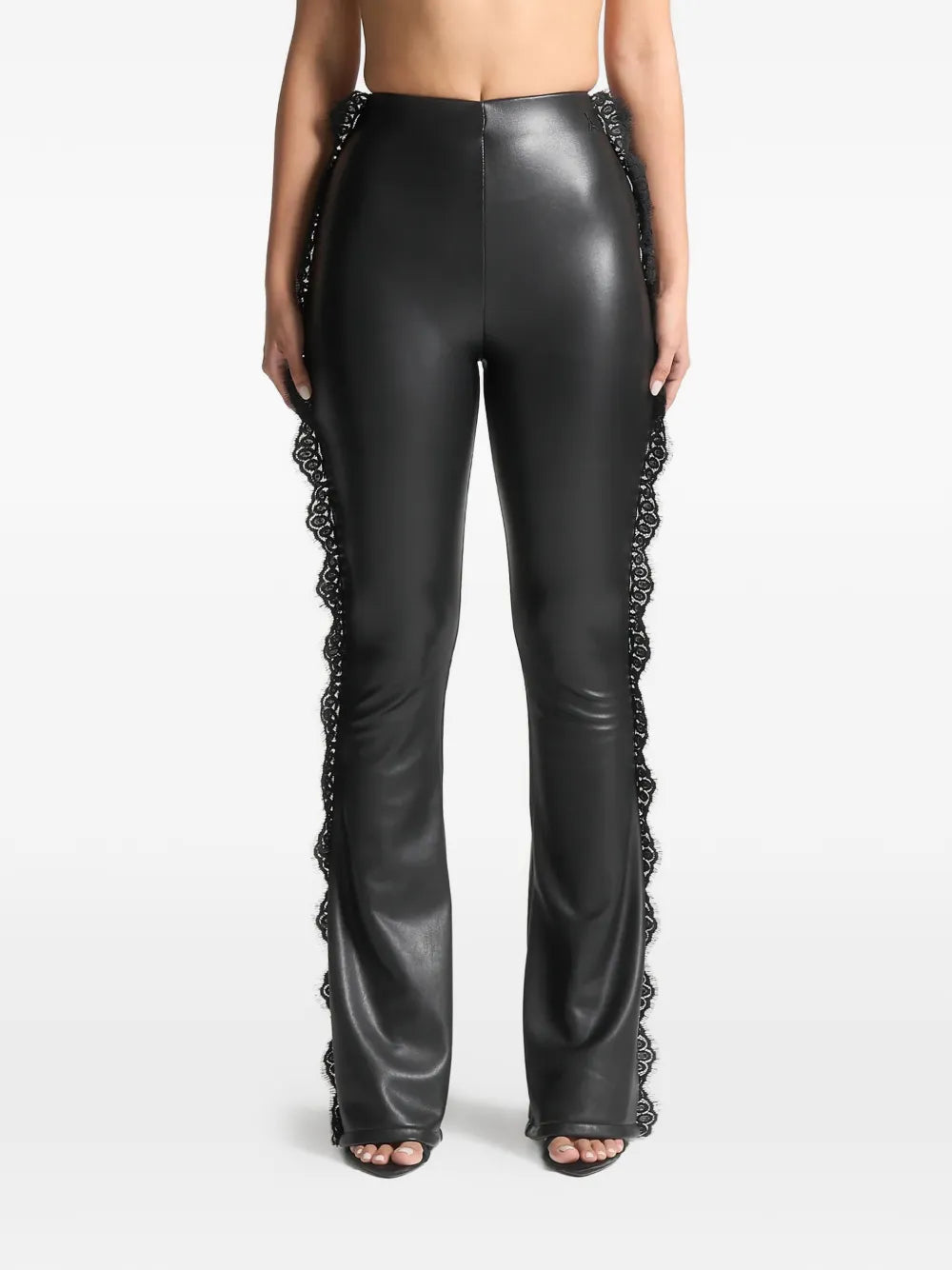 lace-trim faux-leather black flare leggings 