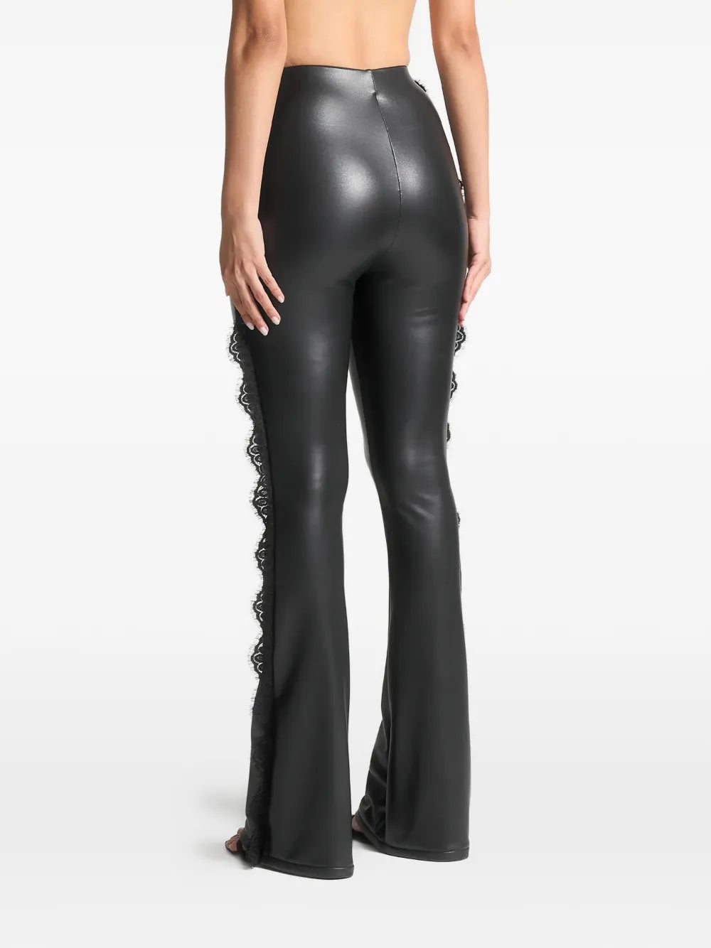 lace-trim faux-leather black flare leggings 