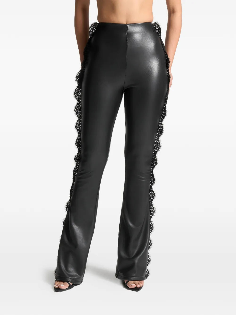 lace-trim faux-leather black flare leggings 