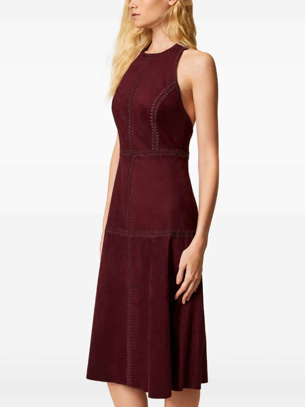 embroidery suede midi dress