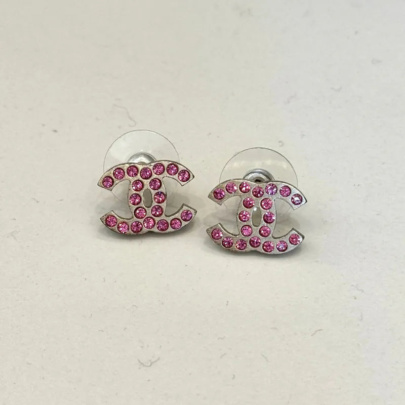 RE132 - CHANEL Matte Silver Pink Crystal CC Logo Earrings