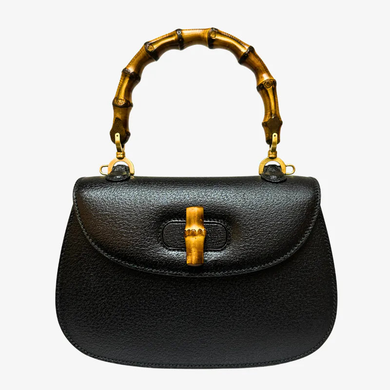 JW392 - GUCCI Vintage Black Pigskin Leather Bamboo Shoulder Bag