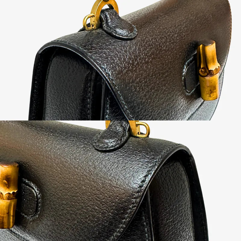 JW392 - GUCCI Vintage Black Pigskin Leather Bamboo Shoulder Bag