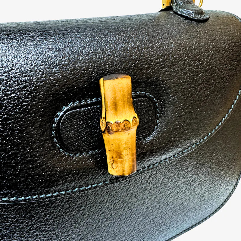 JW392 - GUCCI Vintage Black Pigskin Leather Bamboo Shoulder Bag