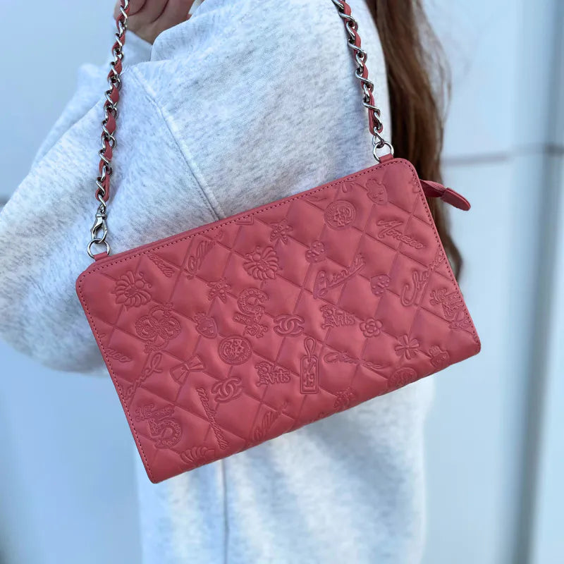 JW171 - CHANEL Vintage Pink Lambskin Lucky Symbols Pochette Embossed Quilted Shoulder Bag