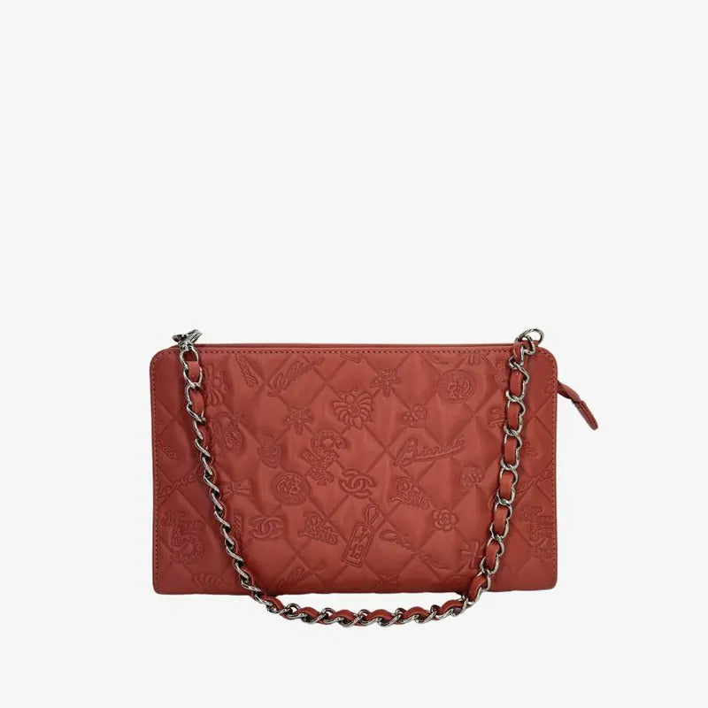 JW171 - CHANEL Vintage Pink Lambskin Lucky Symbols Pochette Embossed Quilted Shoulder Bag