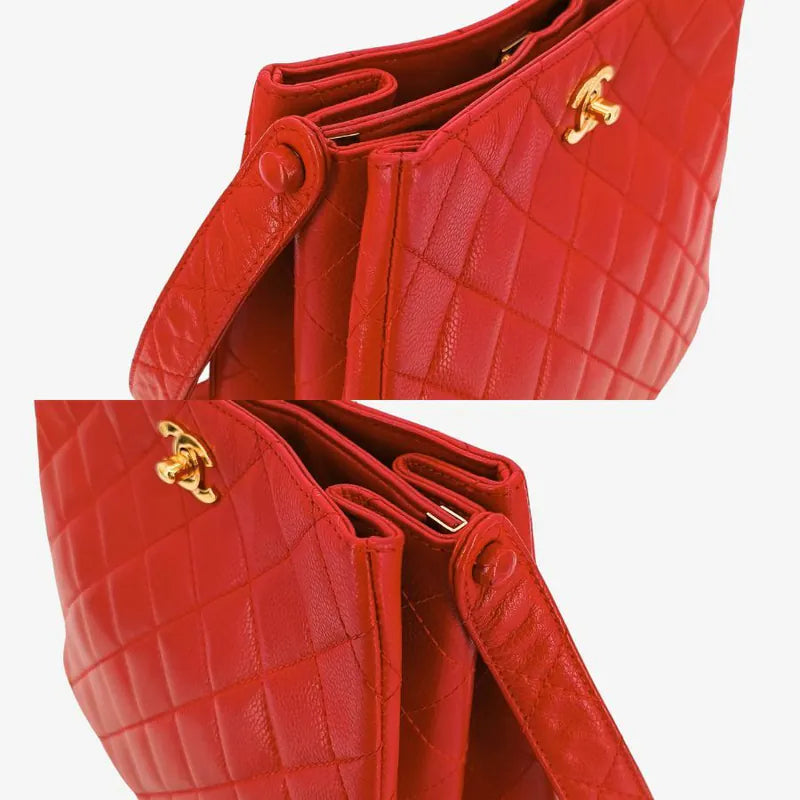 C476 - CHANEL Vintage Red Caviar Leather Double Side Shoulder Bag