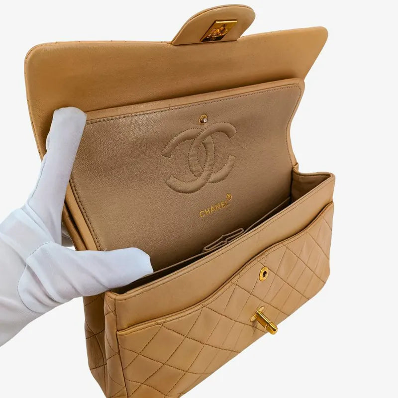 C469 - CHANEL Vintage Beige Lambskin 25cm Classic Flap Bag