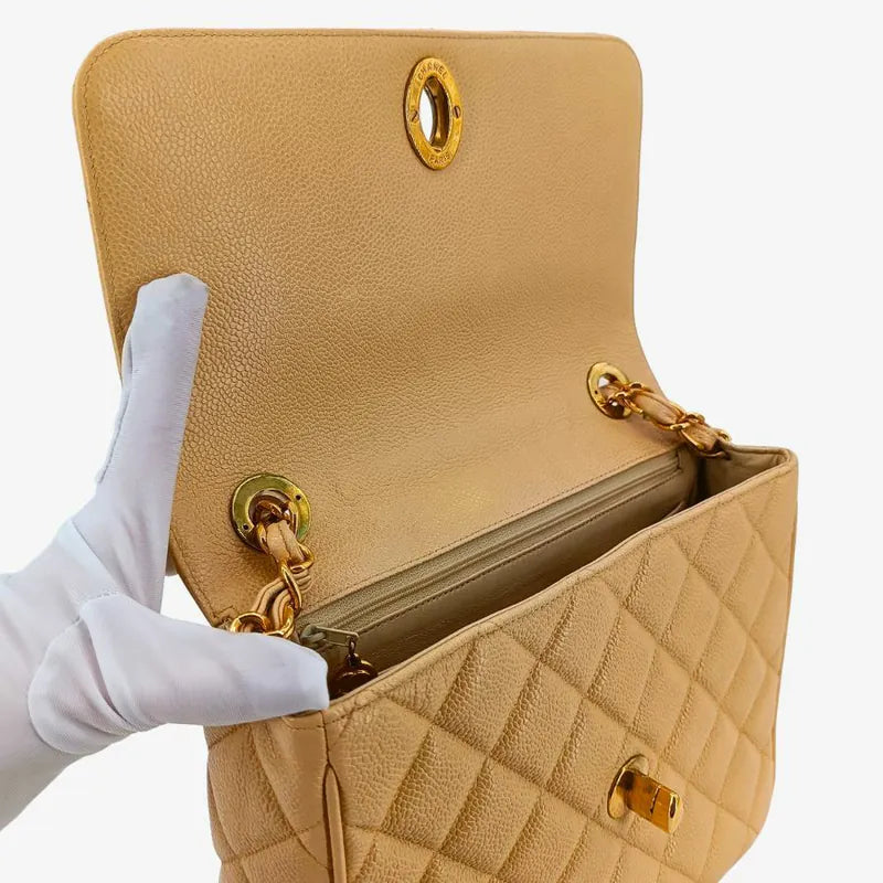 C468 - CHANEL Vintage Beige Caviar Leather Big CC Flap Bag
