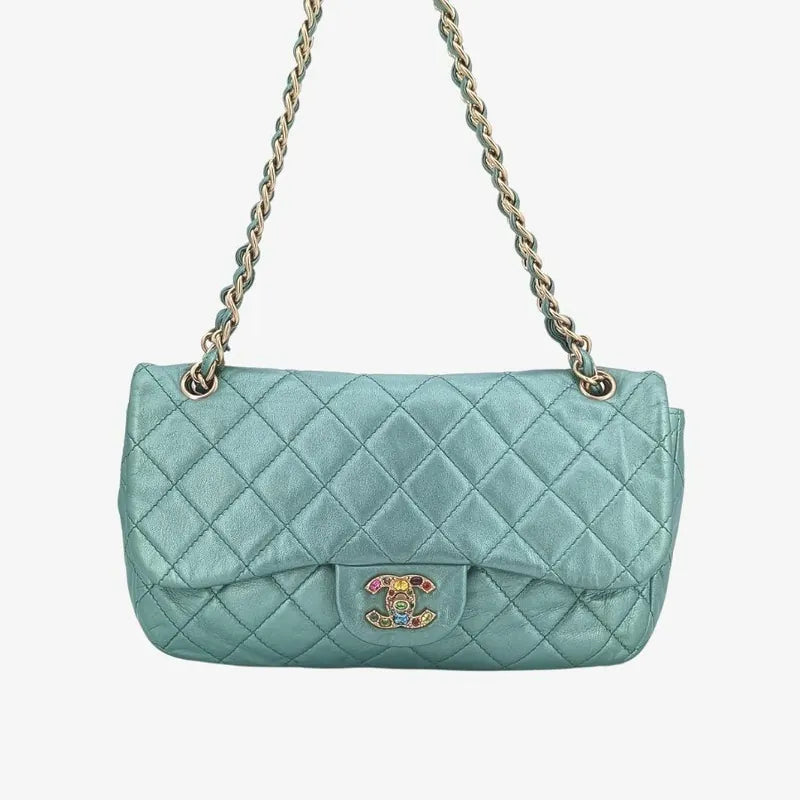 RA595 - CHANEL Vintage Green Lambskin Crystal Embellished Flap Bag
