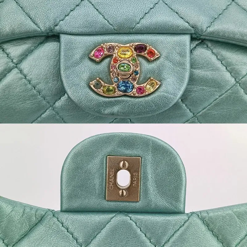 RA595 - CHANEL Vintage Green Lambskin Crystal Embellished Flap Bag