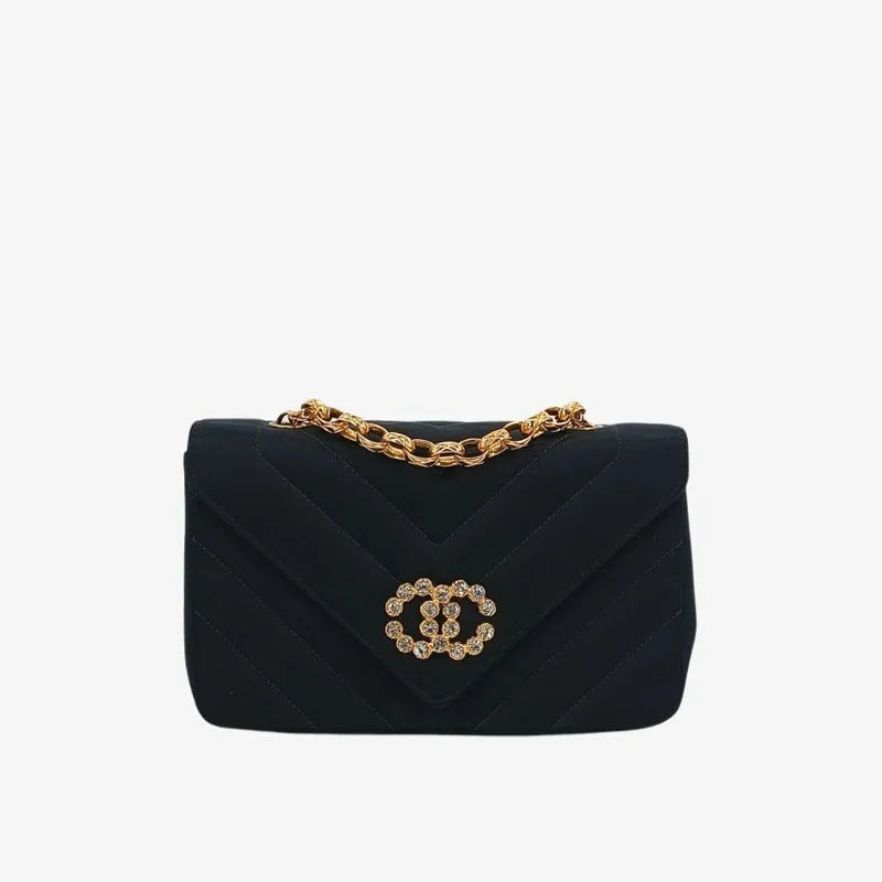 JT719 - CHANEL Vintage Black Satin Chevron Gold Chain Flap Bag