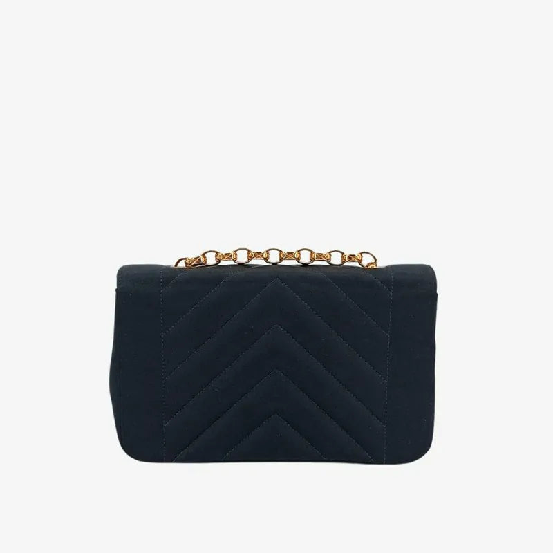 JT719 - CHANEL Vintage Black Satin Chevron Gold Chain Flap Bag