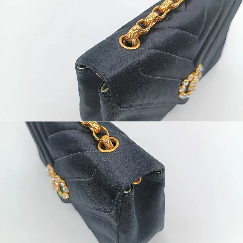 JT719 - CHANEL Vintage Black Satin Chevron Gold Chain Flap Bag