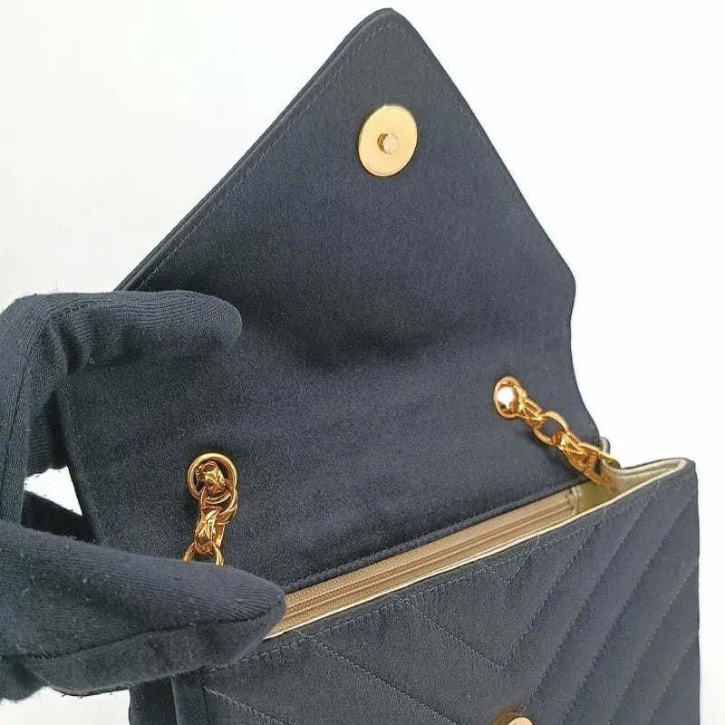 JT719 - CHANEL Vintage Black Satin Chevron Gold Chain Flap Bag