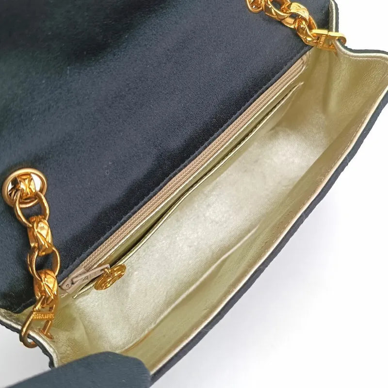 JT719 - CHANEL Vintage Black Satin Chevron Gold Chain Flap Bag