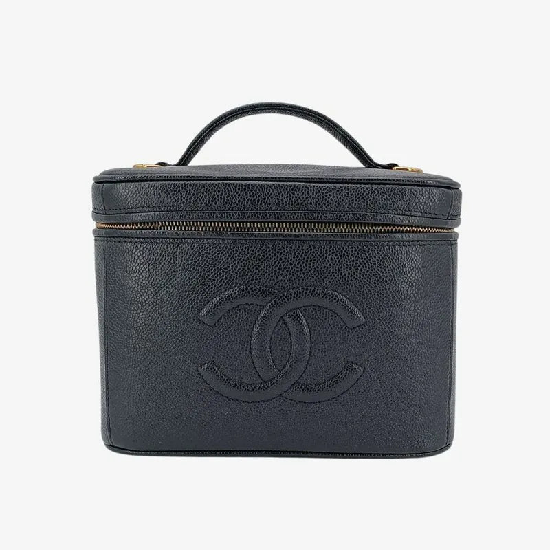 RA547 - CHANEL Vintage Black Caviar Embossed Logo Cosmetic Bag