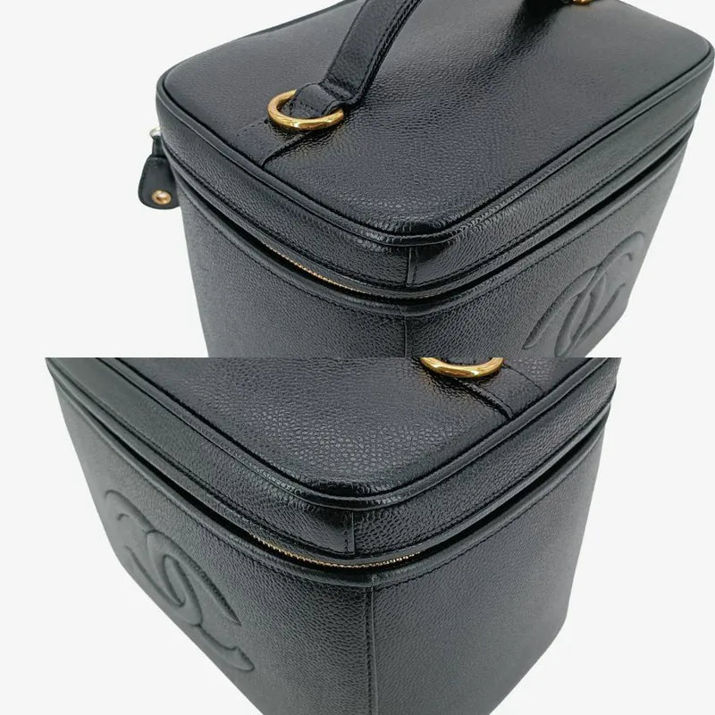 RA547 - CHANEL Vintage Black Caviar Embossed Logo Cosmetic Bag