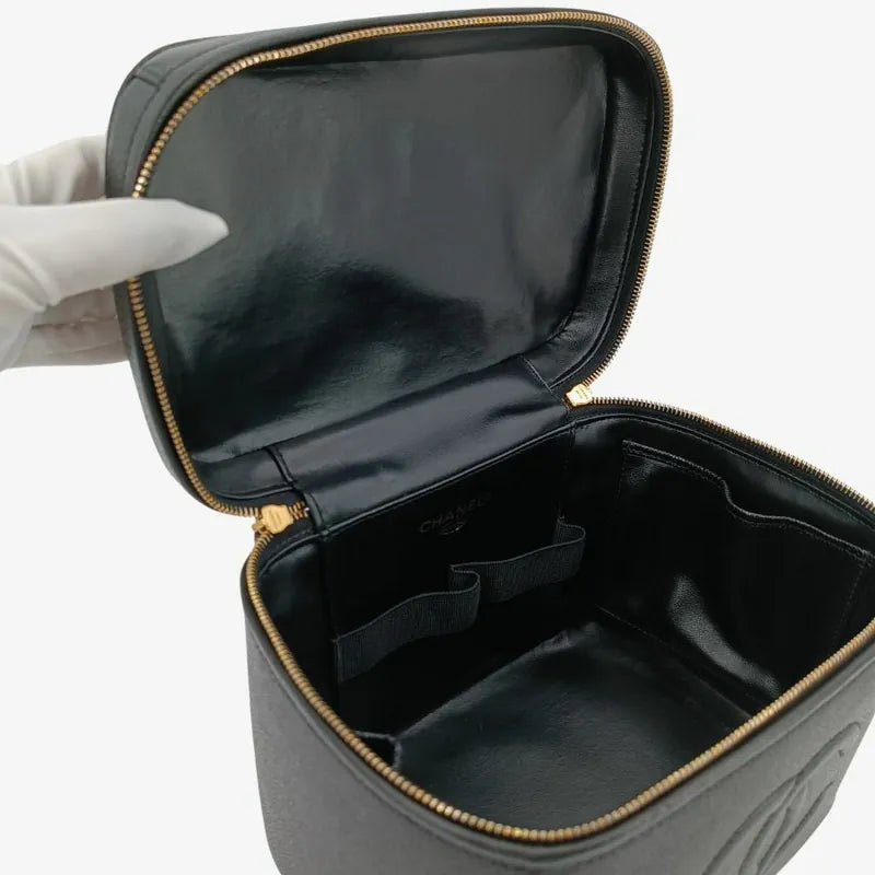 RA547 - CHANEL Vintage Black Caviar Embossed Logo Cosmetic Bag