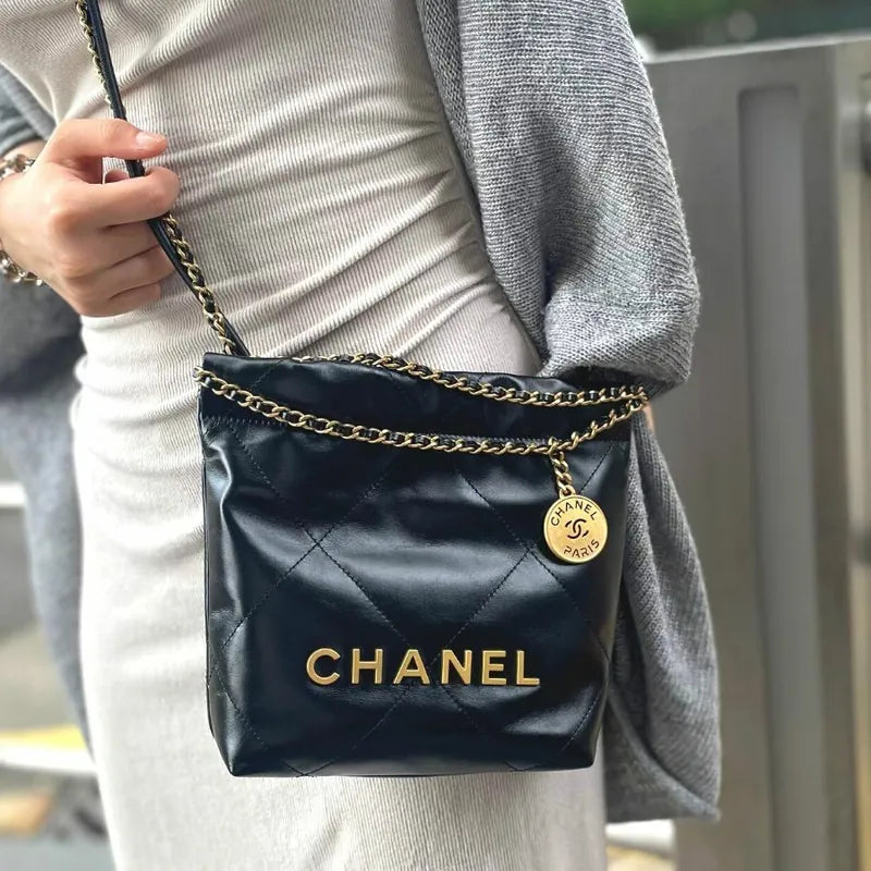 JT684 - CHANEL Black Shiny Calfskin Quilted 22 Mini Shoulder Bag