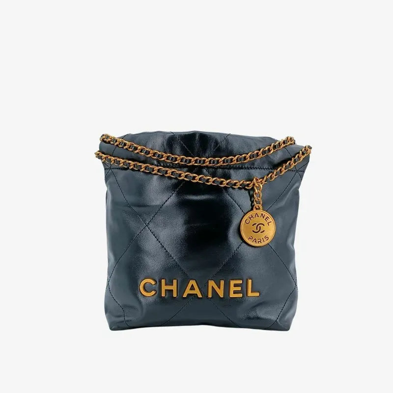 JT684 - CHANEL Black Shiny Calfskin Quilted 22 Mini Shoulder Bag