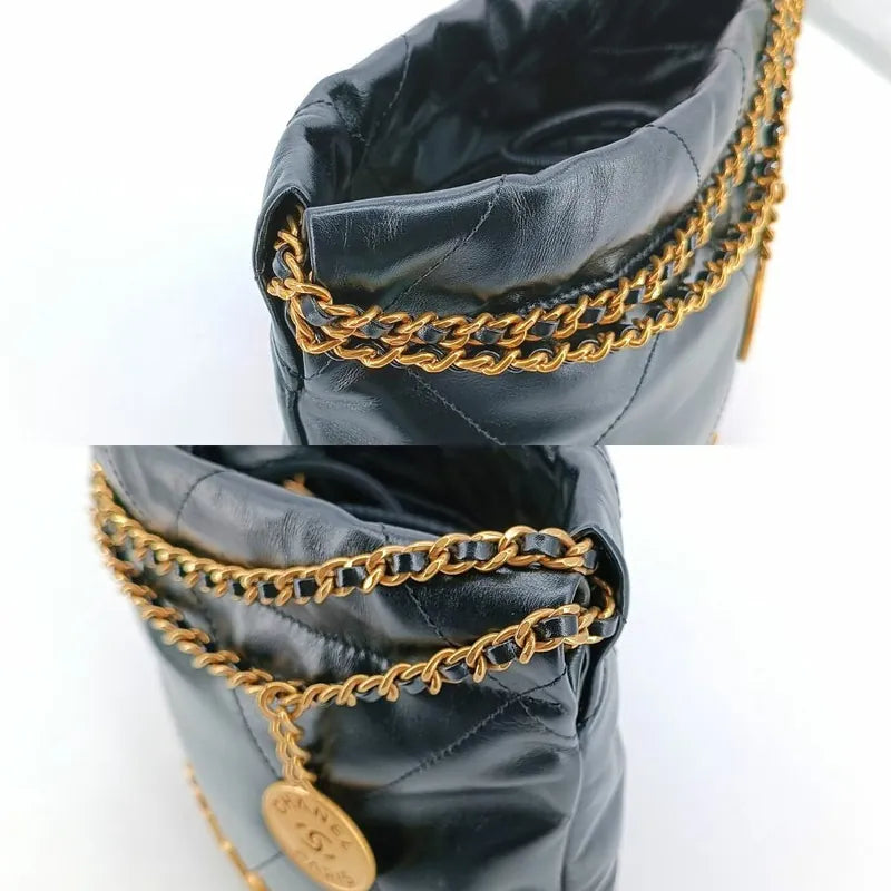JT684 - CHANEL Black Shiny Calfskin Quilted 22 Mini Shoulder Bag