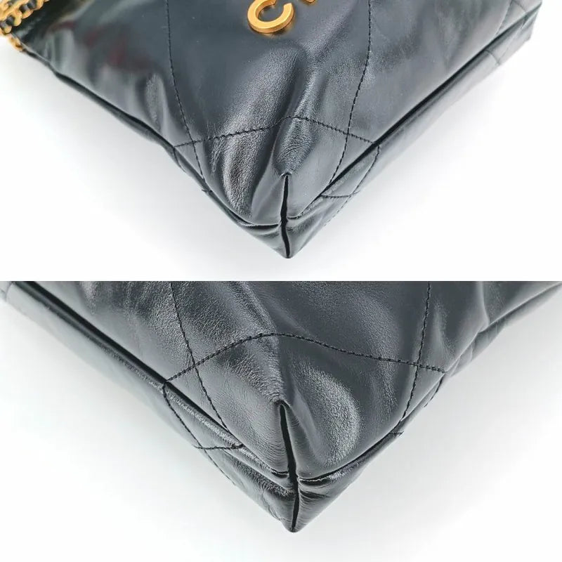 JT684 - CHANEL Black Shiny Calfskin Quilted 22 Mini Shoulder Bag