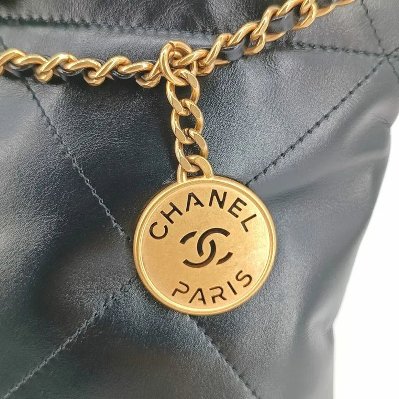 JT684 - CHANEL Black Shiny Calfskin Quilted 22 Mini Shoulder Bag