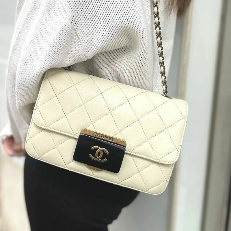 RA435 - CHANEL Beige Sheepskin Quilted Beauty Lock Mini Flap Bag