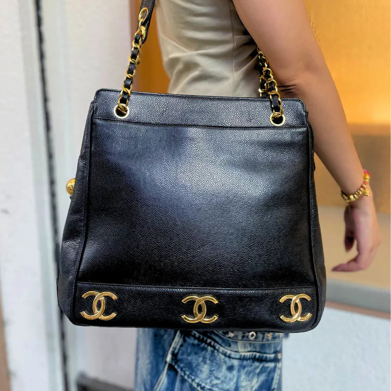 RA174 - CHANEL Vintage Black Caviar Leather Triple CC Tote Bag
