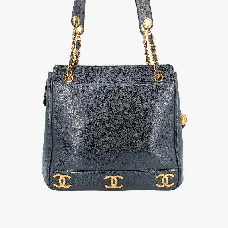 RA174 - CHANEL Vintage Black Caviar Leather Triple CC Tote Bag