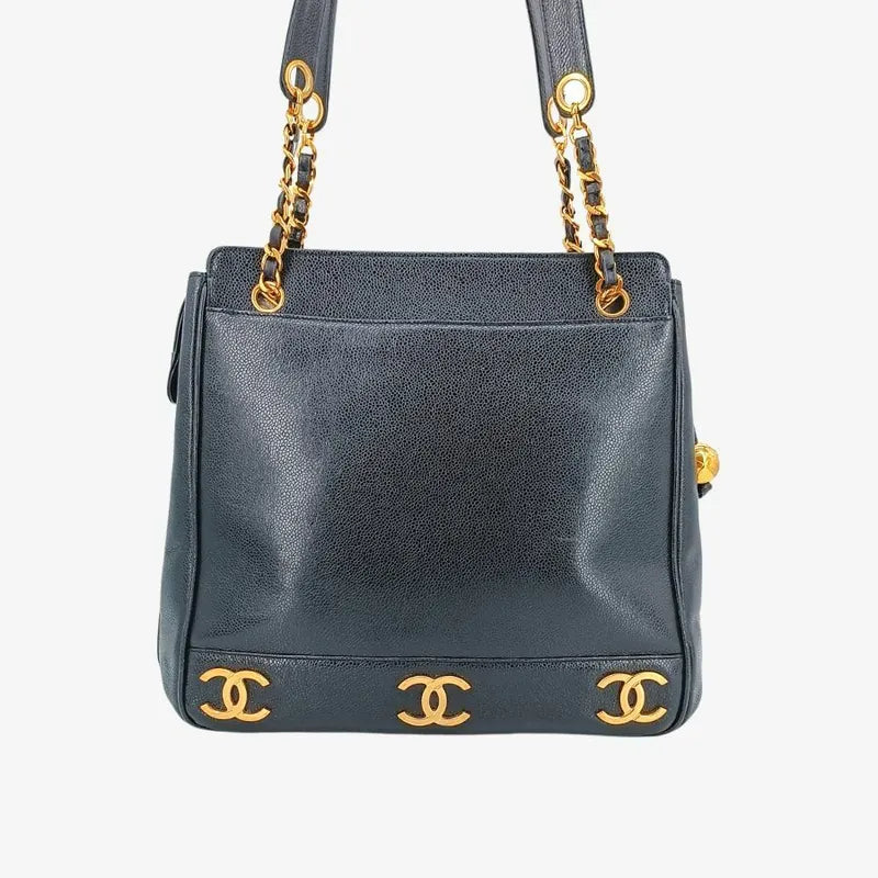 RA174 - CHANEL Vintage Black Caviar Leather Triple CC Tote Bag