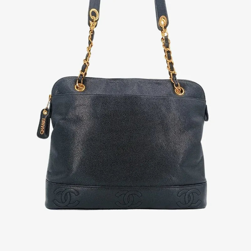 RA139 - CHANEL Vintage Black Caviar Leather 6CC Embossed Logo Tote Bag