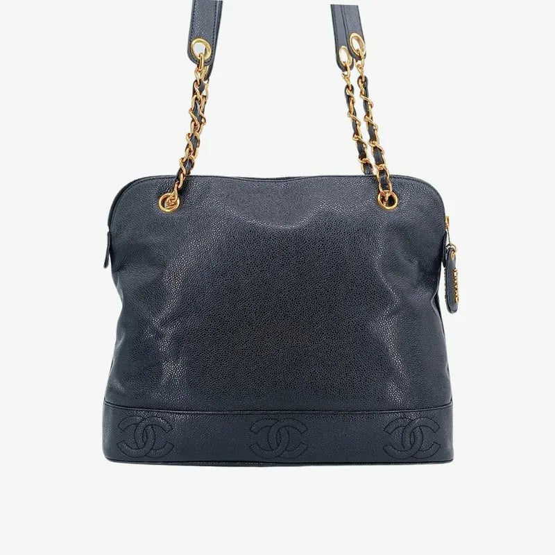 RA139 - CHANEL Vintage Black Caviar Leather 6CC Embossed Logo Tote Bag