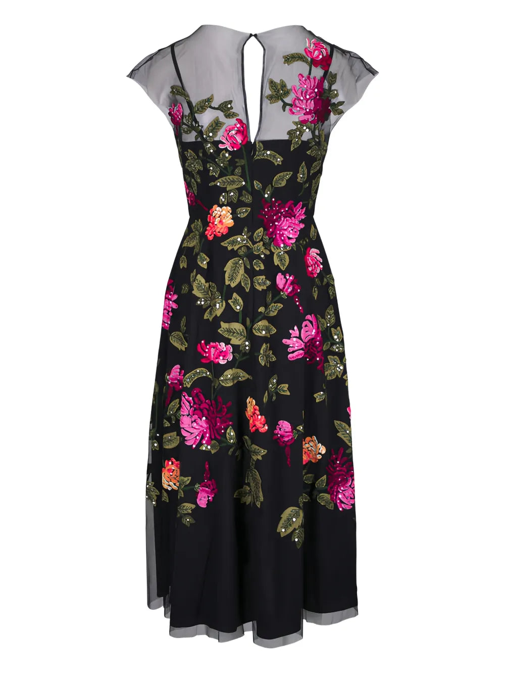 floral-embroidery tulle midi dress