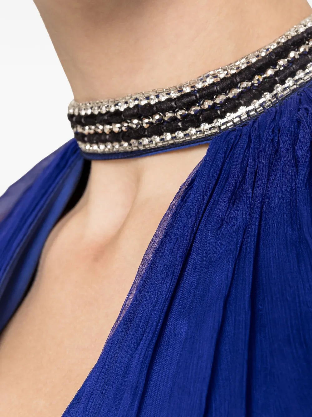 crystal-detail pleated silk dress