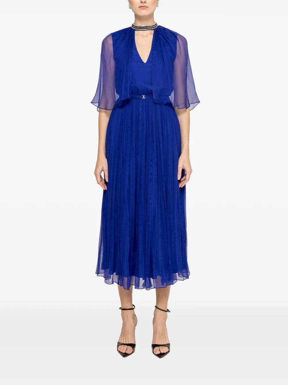 crystal-detail pleated silk dress