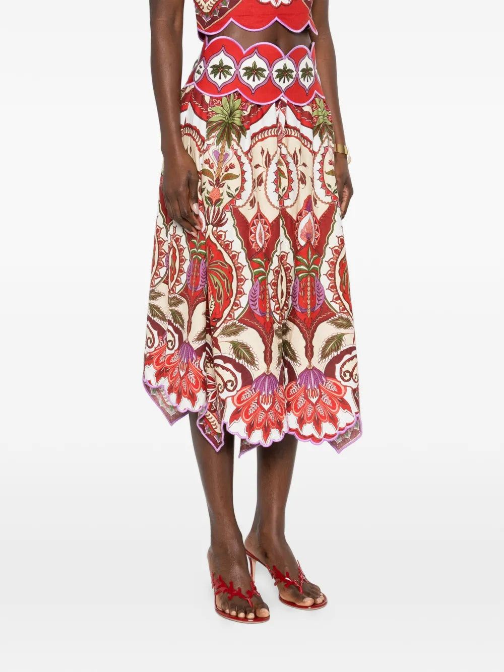 scalloped printed midi skirt