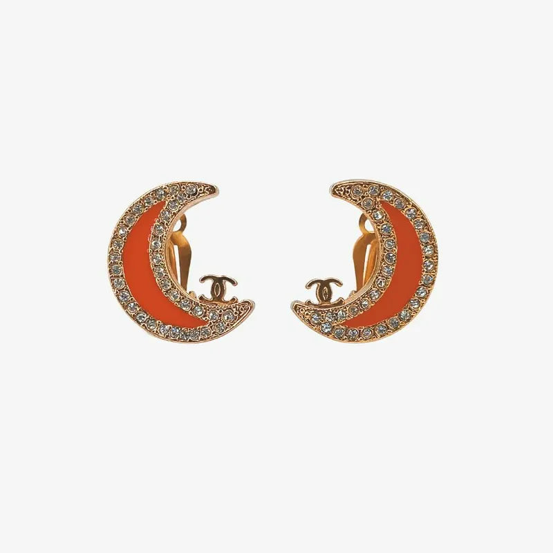 JT210 - CHANEL Vintage Crescent Moon Crystal Gold Plated Clip-On Earrings